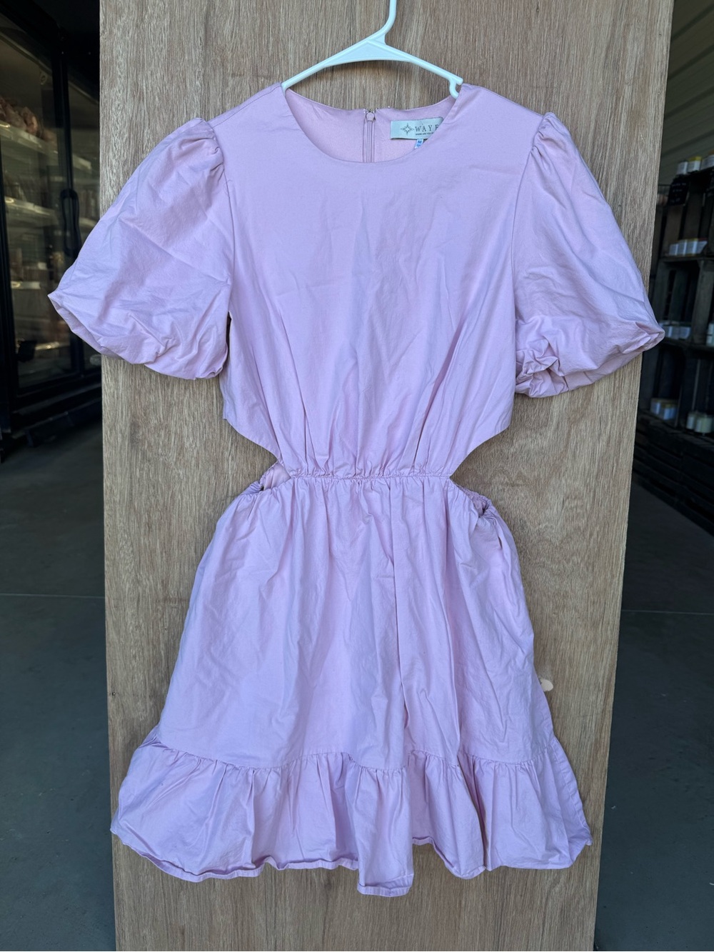 Wayf Pale Pink Puff Sleeve Dress with Side Cut Outs and Botton Ruffle